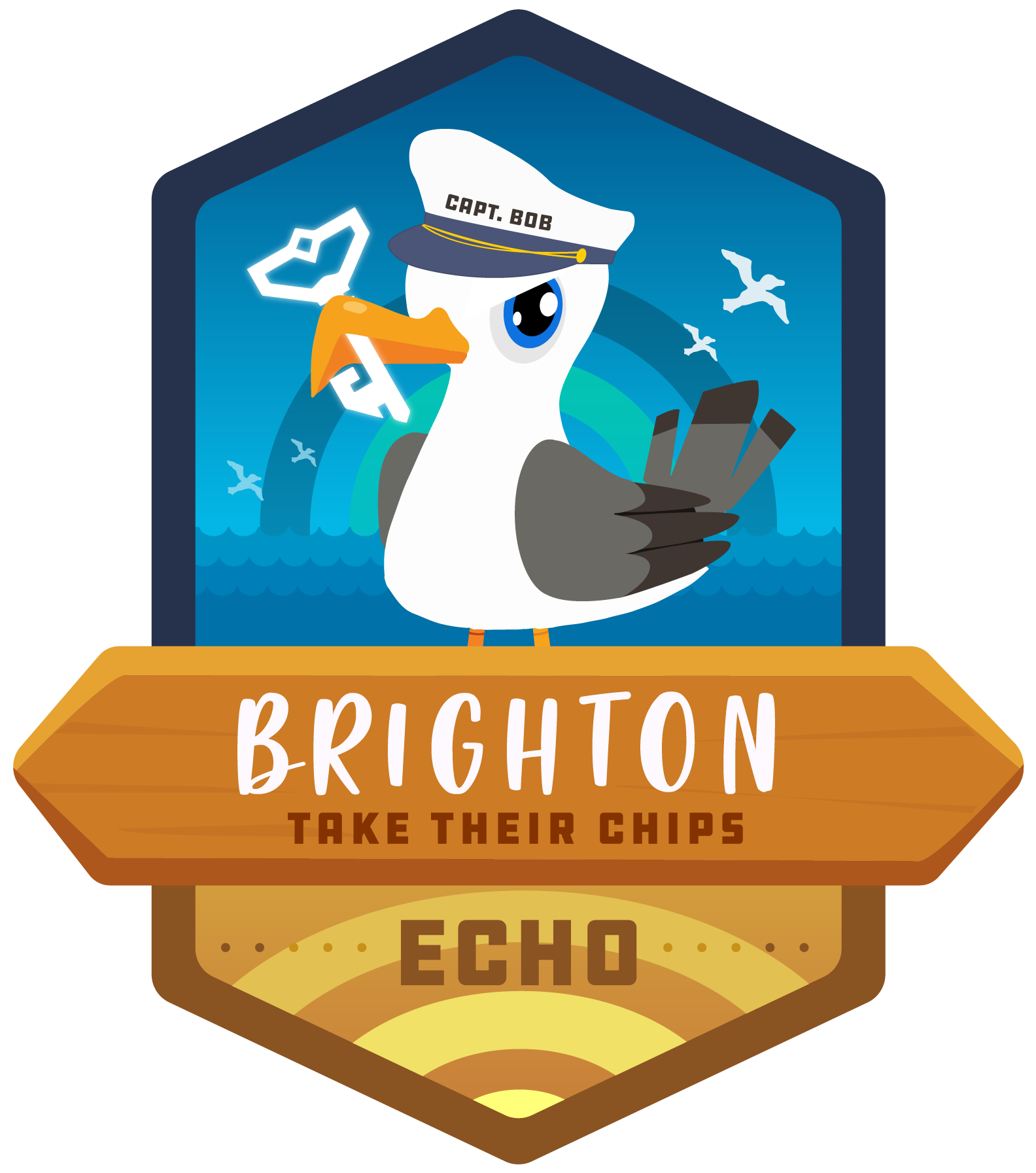 Resistance logo for the Echo: Brighton anomaly, featuring a seagull with a jaunty captain's hat, labelled Capt Bob, holding a key in his beak, above the anomaly name and the slogan 'Take Their Chips'
