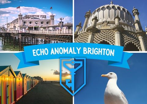 A postcard showing four images of Brighton. The pier, the pavilion, beach huts at sunset in Hove and a seagull with a blue sky behind it. There is also a blue banner across the images reading ECHO ANOMALY BRIGHTON.